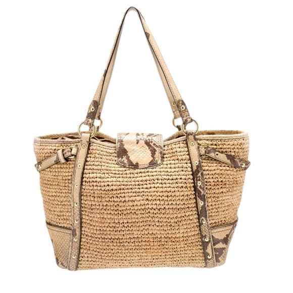 COACH Natalie Weekender Straw Leather Python Turn Lock Tote Bag 16839 $398 - Picture 3 of 11